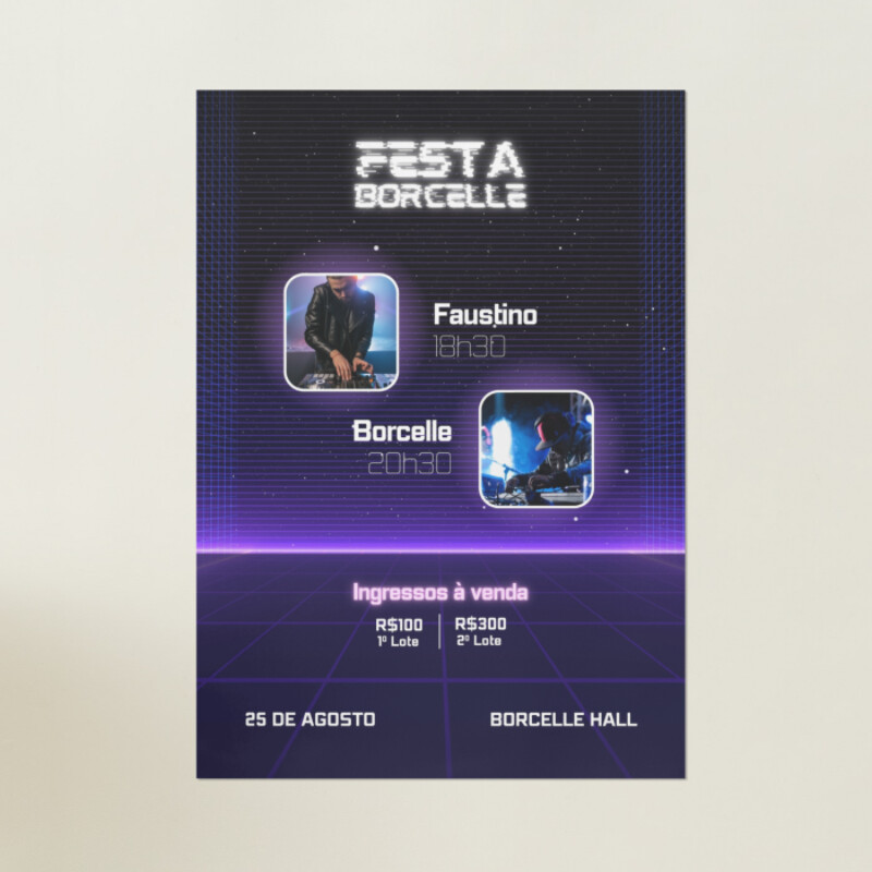 cartaz roxo neon futurista para festa