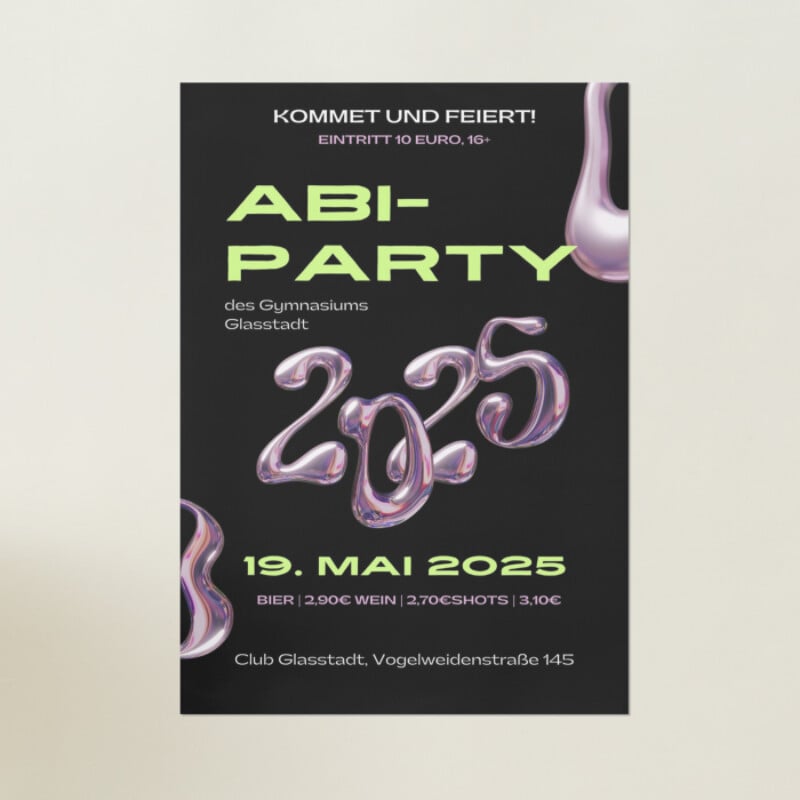 Minimalistisches Poster für Abitur und Schulabschluss für Abi-Party in Schwarz Neongelb und Metallic-Rosa