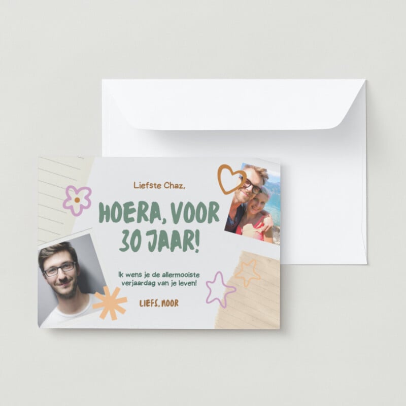 Olijfgroen Pasteloranje en Pastelpaars Speelse Plakboek Stijl 30e Verjaardag Liggende Wenskaart