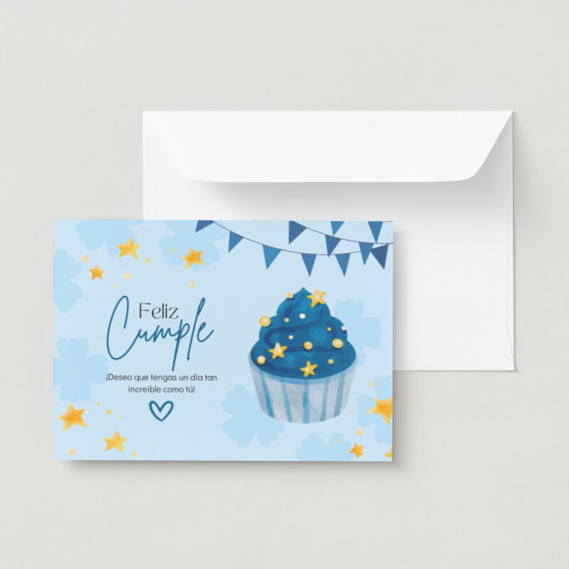 Tarjeta de Cumpleaños Horizontal Espacial Ilustrada Azul