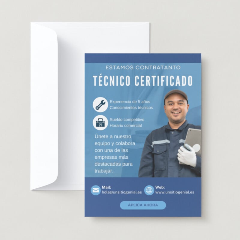 Anuncio informativo vacante laboral de técnico mecánico profesional informativo azul