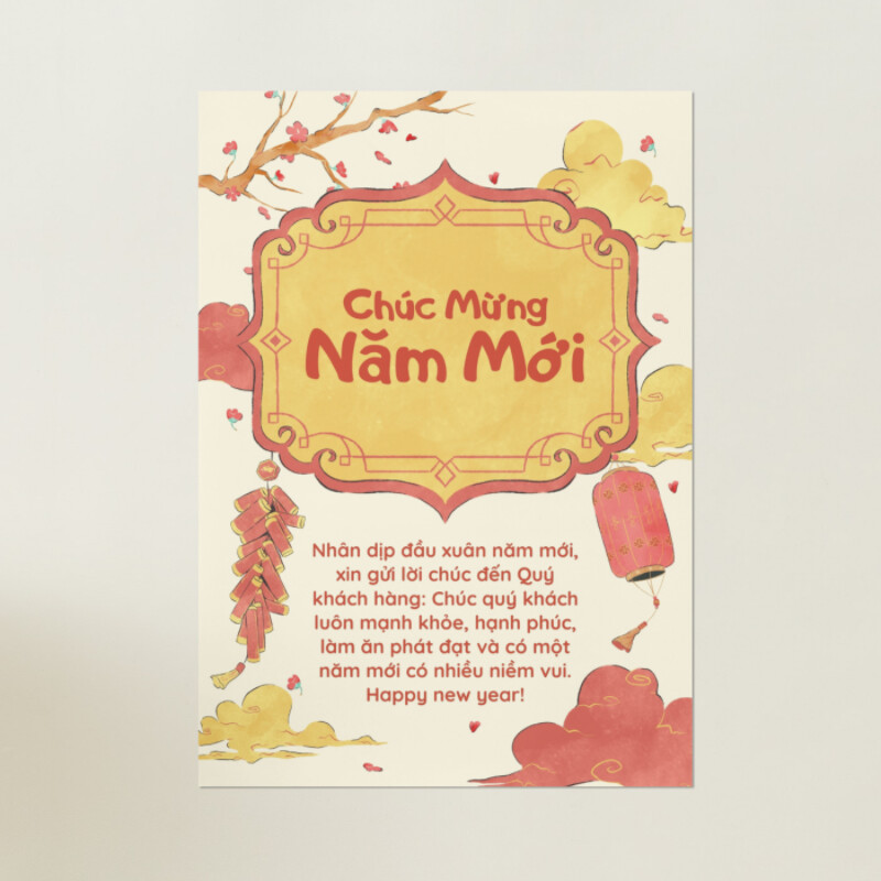 Đỏ Vàng Minh Họa Dễ Thương Lời Chúc Mừng Tết Nguyên Đán Việt Nam Poster